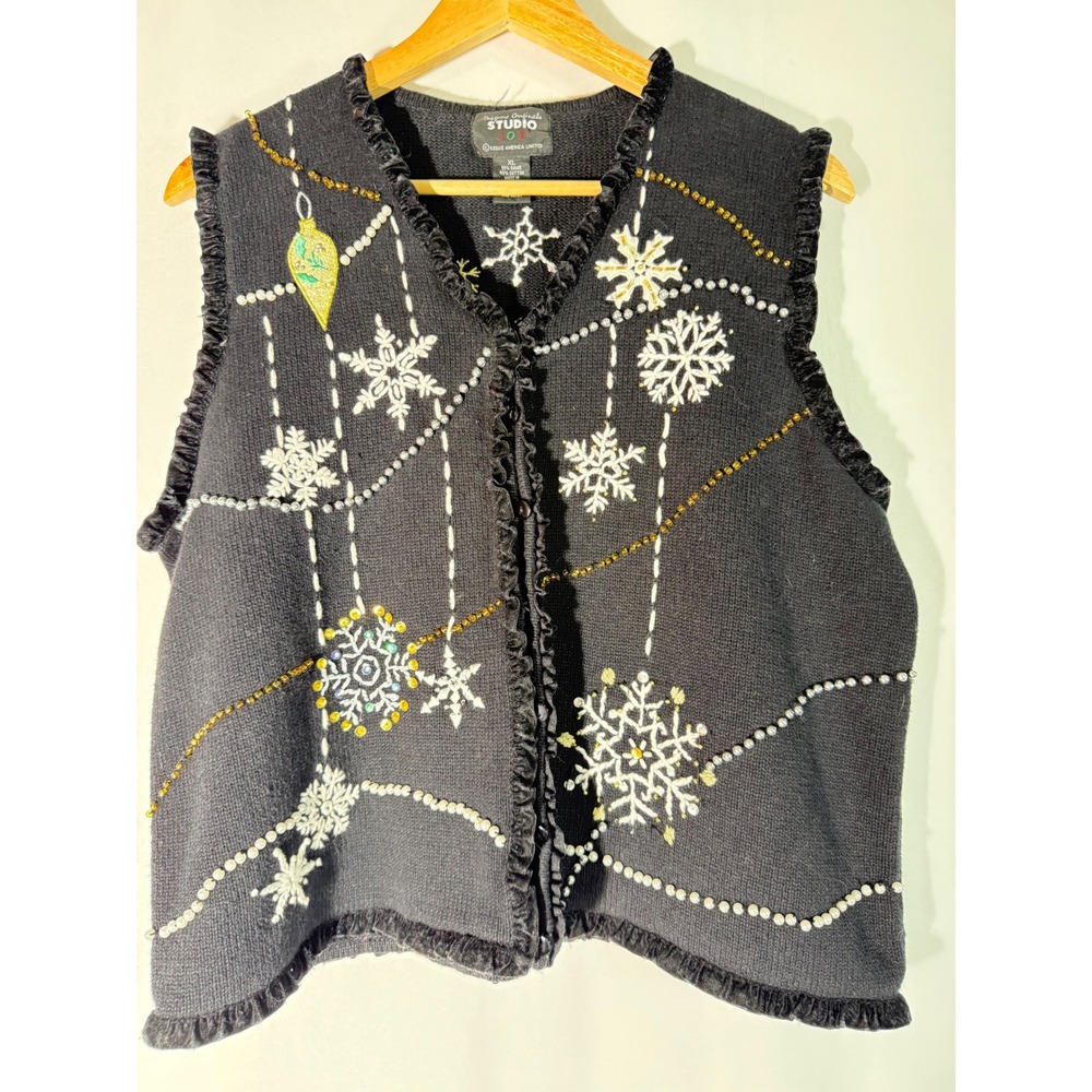 Designers Originals Studio Joy Black Snowflake Beaded Christmas‎ Sweater Vest XL